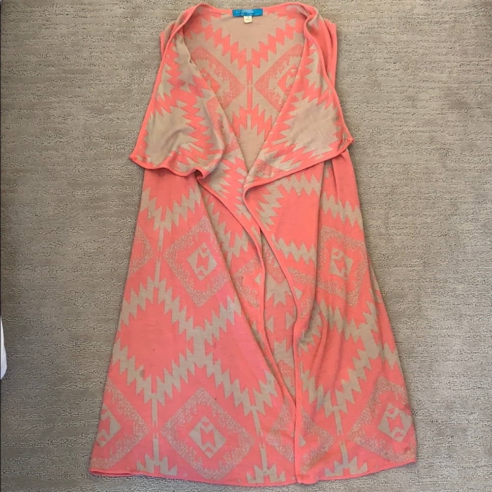 Pink and tan long sleeveless cardigan